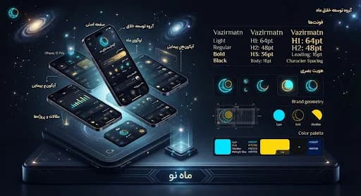 نمایش دیزاین سیستم استودیو ویونا با رابط‌های موبایل و مشخصات تایپوگرافی در پرسپکتیو ایزومتریک